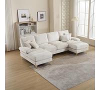 Canapé moderne en forme de U avec double siège inclinable, quatre grands coussins de dossier et deux petits coussins de jeter, pieds en métal doré, canapé 4 places pour salon et chambre à coucher