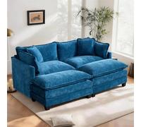 Canapé modulable 2 places U 198 cm, chenille bleue, double coussins
