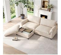 Canapé Modulable 3 Places avec Pouf Coffre Mobile - ELVMI - Assise Profonde, Couchage d'Appoint, Chenille Beige