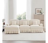 Canapé Modulable 3 Places,Canapé en L Convertible Style milieu du Siècle, en Chenille avec Accoudoirs en Forme d'entonnoir, Tablier à volants Amovible, Pieds en Forme de Fuseau et pouf Amovible,Blanch