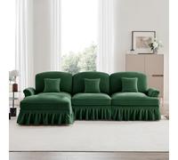 Canapé Modulable 3 Places,Canapé en L Convertible Style milieu du Siècle, en Chenille avec Accoudoirs en Forme d'entonnoir, Tablier à volants Amovible, Pieds en Forme de Fuseau et pouf Amovible,Verte
