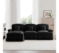 Canapé Modulable 3 Places,Canapé en L Convertible Style milieu du Siècle, en Chenille avec Accoudoirs en Forme d'entonnoir, Tablier à volants Amovible, Pieds en Forme de Fuseau et pouf Amovible,Noire