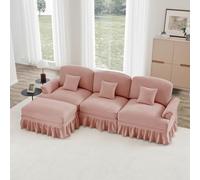 Canapé Modulable 3 Places,Canapé en L Convertible, Style milieu du Siècle, en Chenille avec Accoudoirs en Forme d'entonnoir, Tablier à volants Amovible, Pieds en Forme de Fuseau et pouf Amovible,ROSE