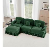 Canapé Modulable 3 Places,Canapé en L Convertible, Style milieu du Siècle, en Chenille avec Accoudoirs en Forme d'entonnoir, Tablier à volants Amovible, Pieds en Forme de Fuseau et pouf Amovible,Verte