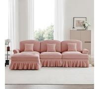 Canapé Modulable 3 Places,Canapé en L Convertible Style milieu du Siècle, en Chenille avec Accoudoirs en Forme d'entonnoir, Tablier à volants Amovible, Pieds en Forme de Fuseau et pouf Amovible,Rose