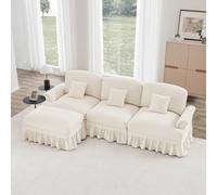 Canapé Modulable 3 Places,Canapé en L Convertible, Style milieu du Siècle, en Chenille avec Accoudoirs en Forme d'entonnoir, Tablier à volants Amovible, Pieds en Forme de Fuseau et pouf Amovible,Blanc