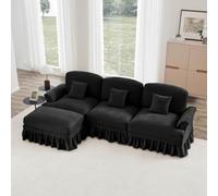 Canapé Modulable 3 Places,Canapé en L Convertible, Style milieu du Siècle, en Chenille avec Accoudoirs en Forme d'entonnoir, Tablier à volants Amovible, Pieds en Forme de Fuseau et pouf Amovible,Noire