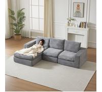 Canapé Modulable 3 Places en Velours Côtelé Gris avec Coussins - Structure Stable, Capacité 250kg, Design Chic - 251x160x81cm