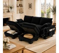 Canapé Modulable 3 Places en Velours Côtelé, Salon, Noir, avec 2 Poufs