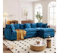 Canapé modulable 3 places L 289 cm, chenille bleue, double coussins