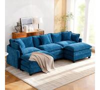 Canapé modulable 3 places U 289 cm, chenille bleue, double coussins