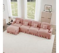 Canapé Modulable 4 Places,Canapé en L Convertible, Style milieu du Siècle, en Chenille avec Accoudoirs en Forme d'entonnoir, Tablier à volants Amovible, Pieds en Forme de Fuseau et pouf Amovible,Rose