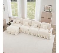 Canapé Modulable 4 Places,Canapé en L Convertible, Style milieu du Siècle, en Chenille avec Accoudoirs en Forme d'entonnoir, Tablier à volants Amovible, Pieds en Forme de Fuseau et pouf Amovible,Blanc