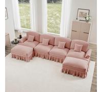 Canapé Modulable 4 Places,Canapé en U Convertible, Style milieu du Siècle, en Chenille avec Accoudoirs en Forme d'entonnoir, Tablier à volants Amovible, Pieds en Forme de Fuseau et pouf Amovible,Rose