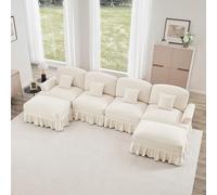 Canapé Modulable 4 Places,Canapé en U Convertible, Style milieu du Siècle, en Chenille avec Accoudoirs en Forme d'entonnoir, Tablier à volants Amovible, Pieds en Forme de Fuseau et pouf Amovible,Blanc