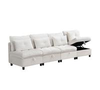 Canapé modulable 4 places capitonné chesterfield - canapé coffre - combinaison libre - chenille et bois massif - 274x76x87 - beige