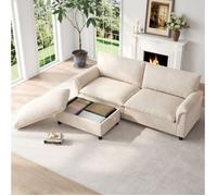 Canapé Modulable Convertible 3 Places avec Pouf Mobile et Rangement - LPOSPI - Dossier Haut Chenille Beige
