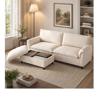 Canapé modulable convertible en chenille beige avec pouf coffre mobile, dossier haut, assise profonde 216 cm FOLYNA
