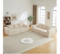Canapé modulable droit 6 places en corduroy beige, sans montage, avec coussins