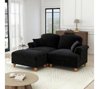 Canapé Modulable Mid-Century L-Forme 2 Places En Chenille, Accoudoirs Trapezoïdaux, Jupe Ruchée Amovible, Pieds Fusiformes & Pouf Déplaçable - Confort Profond Pour Le Salon, Noir, 194 x 140 x 93 cm