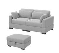 Canapé modulaire 2 places en velours avec accoudoirs larges, coussins réglables et ottomane inclus, confortable pour salon, chaise longue en gris, pour 2 personnes