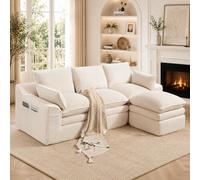 Canapé Modulaire 3 Places en Velours Côtelé avec Pouf, Beige, 263x167x85 cm