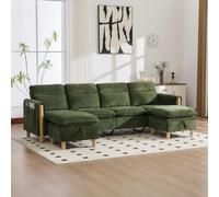 Canapé Modulaire 4 Places Chenille Vert Moderne avec 2 Pouf,Poche Latérale | 261x77x86cm,Pieds en Bois Massif,Pouf de Rangement Cachés,Mousse à Haute Résilience,Pour Grandes Familles,Salon,Nordique
