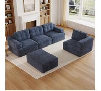 Canapé modulaire 5 places avec pouf, configuration L ou U, chenille bleue, sans montage, 252 x 180 x 82 cm