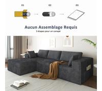 Canapé modulaire convertible en forme de L, 3 places, avec chaise longue, tissu en velours côtelé, rembourrage en mousse à mémoire de forme et en ressorts, poches et coussins dans les accoudoirs, GRIS