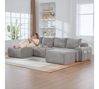 Canapé Modulaire en Velours Corde, Canapé d'angle en forme de U, avec 2 Tabourets, Configuration Libre, avec Porte-Gobelet et Poches Latérales, Canapé pour Salon (Light Gray, 4 Sièges+2 Tabouret)