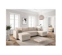 Canapé panoramique 6 places MARIA convertible avec 2 coffres en velours côtelé - Beige - L295 x P146 x H81cm - LOUNGITUDE