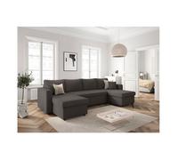 Canapé panoramique 6 places MARIA convertible avec 2 coffres en velours côtelé - Gris foncé - L295 x P146 x H81cm - LOUNGITUDE