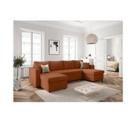 Canapé panoramique 6 places MARIA convertible avec 2 coffres en velours côtelé - Terracotta - L295 x P146 x H81cm - LOUNGITUDE