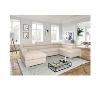 Canapé panoramique 6 places PAOLA convertible avec 2 coffres en velours côtelé - Beige - L320,5 x P188 x H76cm - LOUNGITUDE