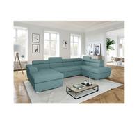 Canapé panoramique 6 places PAOLA convertible avec 2 coffres en velours côtelé - Bleu clair - L320,5 x P188 x H76cm - LOUNGITUDE