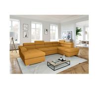 Canapé panoramique 6 places PAOLA convertible avec 2 coffres en velours côtelé - Jaune - L320,5 x P188 x H76cm - LOUNGITUDE