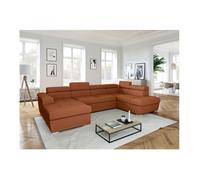 Canapé panoramique 6 places PAOLA convertible avec 2 coffres en velours côtelé - Terracotta