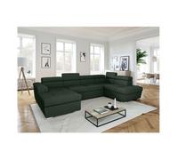 Canapé panoramique 6 places PAOLA convertible avec 2 coffres en velours côtelé - Vert foncé