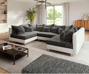 Canapé panoramique Clovis Blanc Noir modulable avec tabouret