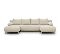 Canapé panoramique convertible - 6 places - MIKA - Velours côtelé Beige - Coffre de rangement - 313 x 84 x 145 cm
