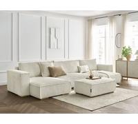 Canapé panoramique convertible coffre CHELSEA gros côtelé doux avec pouf beige BOBOCHIC 5 places Beige