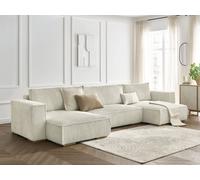Canapé panoramique convertible coffre CHELSEA gros côtelé doux beige BOBOCHIC 4 places Beige