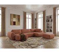 Canapé panoramique convertible coffre DENISE tissu texturé avec pouf orange angle gauche BOBOCHIC 6 places Angle gauche Orange