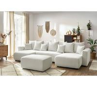 Canapé panoramique convertible coffre ENVY tissu bouclette avec pouf rectangulaire blanc BOBOCHIC 6 places Blanc
