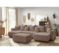 Canapé panoramique convertible coffre ENVY tissu bouclette avec pouf rectangulaire marron BOBOCHIC 6 places Marron