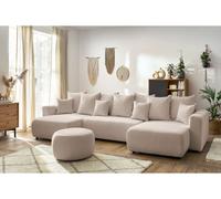 Canapé panoramique convertible coffre ENVY tissu bouclette avec pouf rond beige panoramique BOBOCHIC 6 places Panoramique Beige
