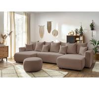 Canapé panoramique convertible coffre ENVY tissu bouclette avec pouf rond marron panoramique BOBOCHIC 6 places Panoramique Marron