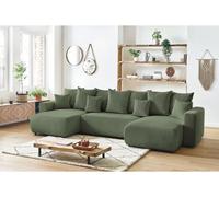 Canapé panoramique convertible coffre ENVY Velours côtelé avec pouf vert BOBOCHIC 6 places Vert
