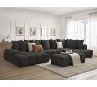 Canapé panoramique convertible coffre EVEREST tissu texturé avec pouf noir angle gauche BOBOCHIC 7 places Angle gauche Noir