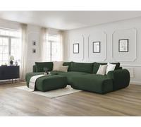 Canapé panoramique convertible coffre LUCIEN gros côtelé doux avec pouf vert angle droit BOBOCHIC 6 places Angle droit Vert